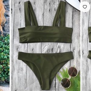 Army Green Wide Strap Bandeau Bikini Set